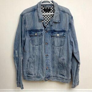 Pacsun Denim Jean Jacket Men's XL Blue Light Wash Distressed Checkerboard Lining